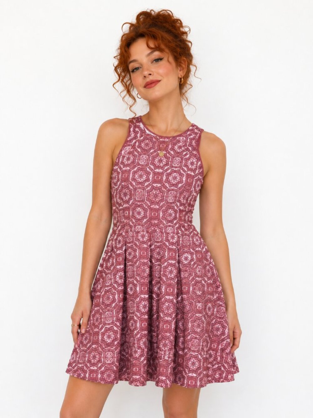 Mauve Geometric Print Fit & Flare Dress Size Medium Sleeveless Boho Retro
